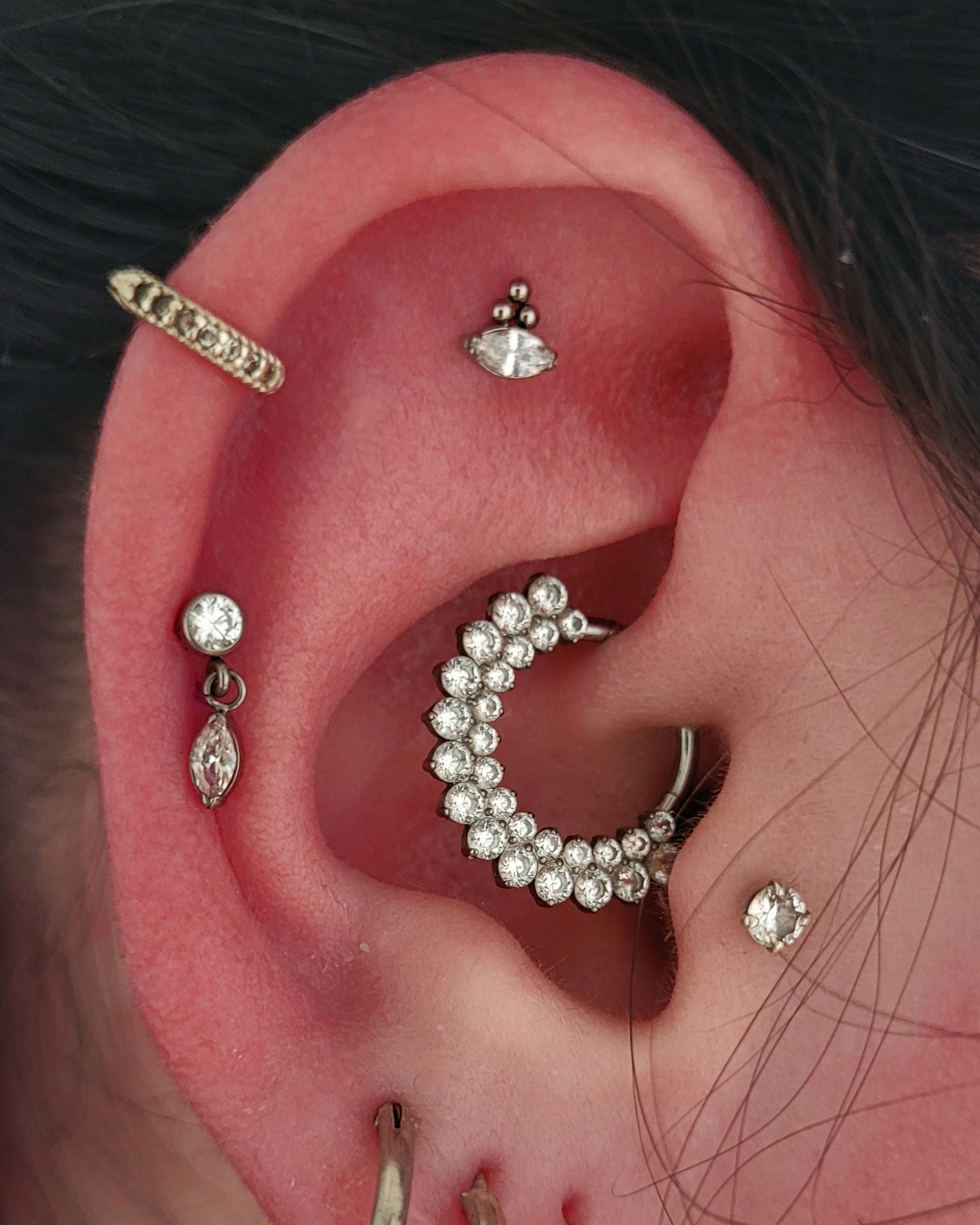 Argola cravejada no daith e studs no tragus, flat, helix e mid helix